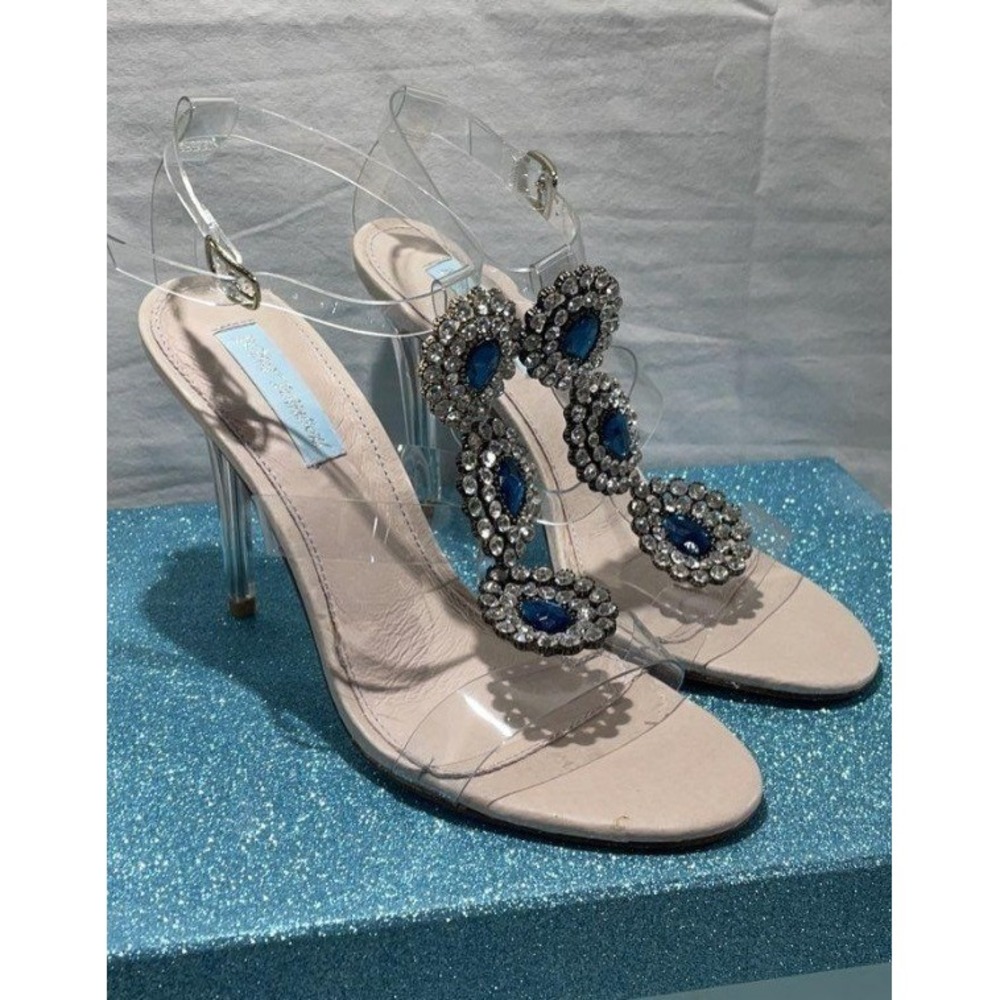 Betsey Johnson SB-SYLVI Clear Rhinestone Crystal T-Strap Heeled Sandals Blue 8M